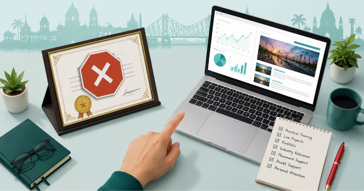 Flat-lay illustration comparing a decorative certificate with a red stop sign against a laptop showing an analytics dashboard and portfolio project, representing the choice between certificates and practical skills.