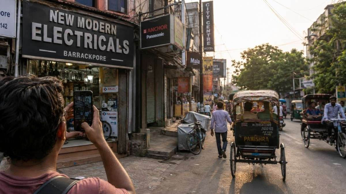 Local street scene in Barrackpore showing small businesses and shops