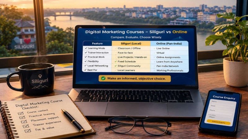 Digital marketing course comparison chart on laptop with Siliguri cityscape background - objective guide to choosing the right program