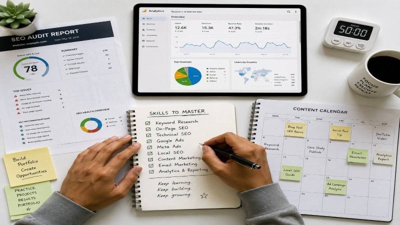 Hands-on digital marketing training setup showing SEO audit, Google Analytics dashboard, and practical skills checklist