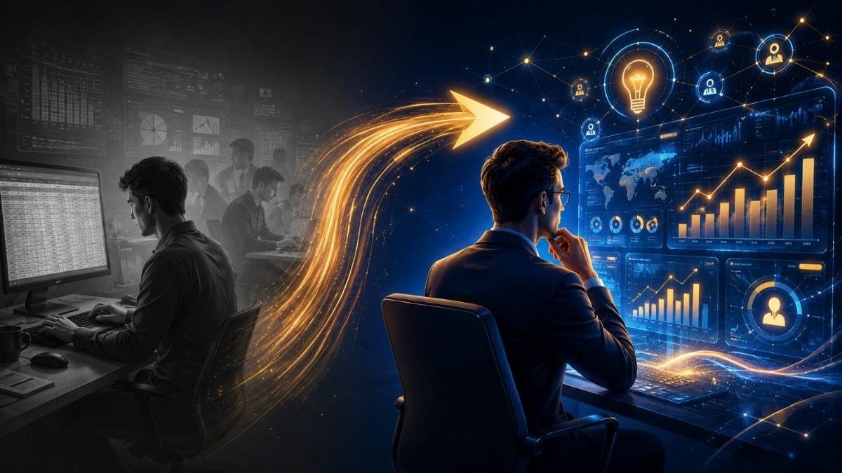Split illustration showing digital marketing skills transition from routine execution tasks like typing and spreadsheets to strategic thinking with holographic dashboards and network nodes. Represents how AI is changing employer expectations.