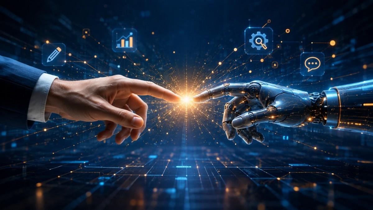 Human hand and glowing robotic hand reaching toward each other with golden spark in center, symbolizing AI and human collaboration in digital marketing with floating skill icons like pencil, chart, gear, and speech bubble.