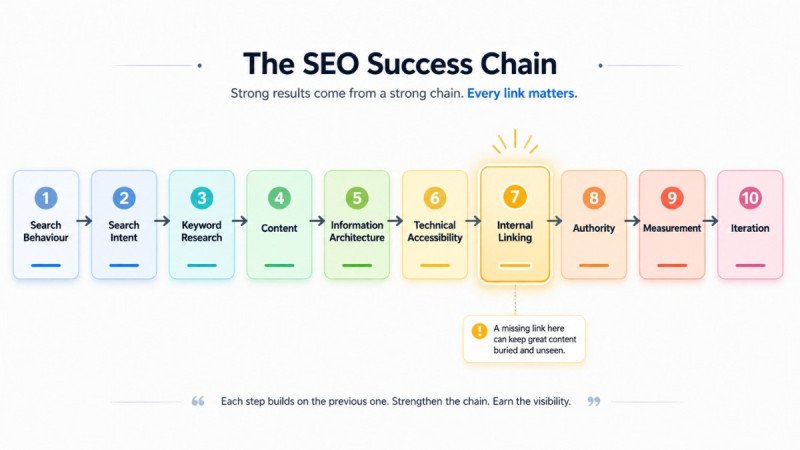 Horizontal infographic showing the SEO chain: Search Behaviour → Search Intent → Keyword Research → Content → Information Architecture → Technical Accessibility → Internal Linking → Authority → Measurement → Iteration. The "Internal Linking" box is highli