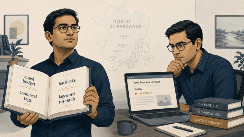 Editorial illustration showing a person holding a book labelled with SEO terms on the left, and a person working on a laptop with a website showing "low visibility" on the right. A faint map of North 24 Parganas appears in the background.