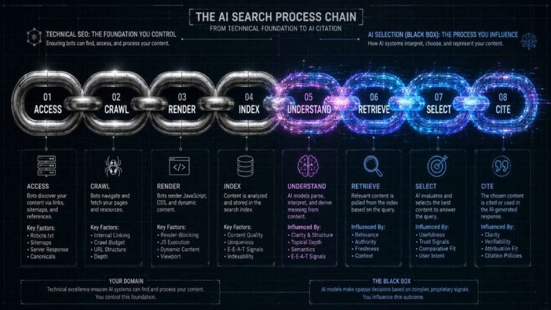 Infographic chain showing 8-stage process: Access→Crawl→Render→Index (metallic links) to Understand→Retrieve→Select→Cite (glowing digital links). Highlights where technical SEO's control ends and AI selection begins.