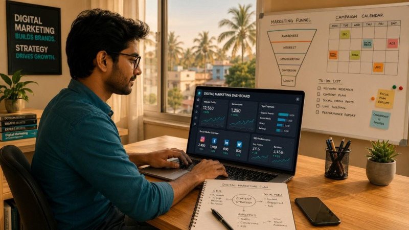 Digital marketing professional working from home office in Barasat with analytics dashboard on laptop