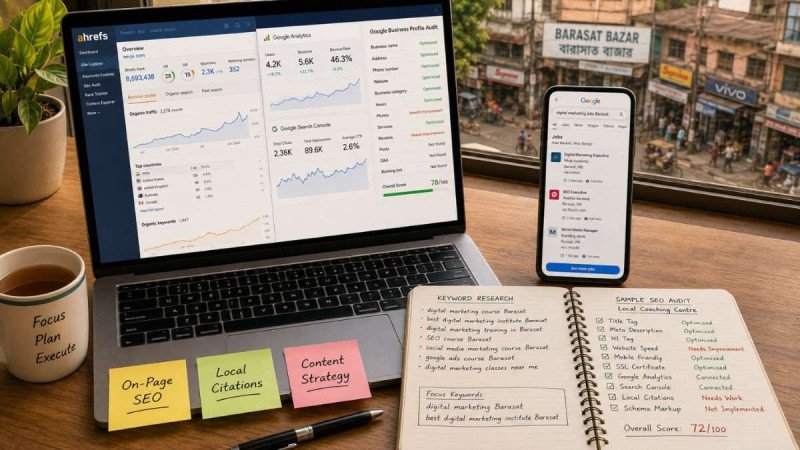 Digital marketing workspace showing SEO tools, job listings, and portfolio project notes for Barasat career opportunities