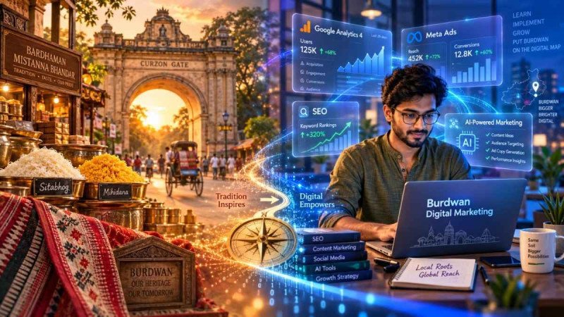 Modern digital marketing education meets Burdwan's heritage - split composition showing traditional Curzon Gate and sweet shops transitioning to a student working on laptop with SEO analytics, Google Ads, and AI marketing tools floating around. Profession