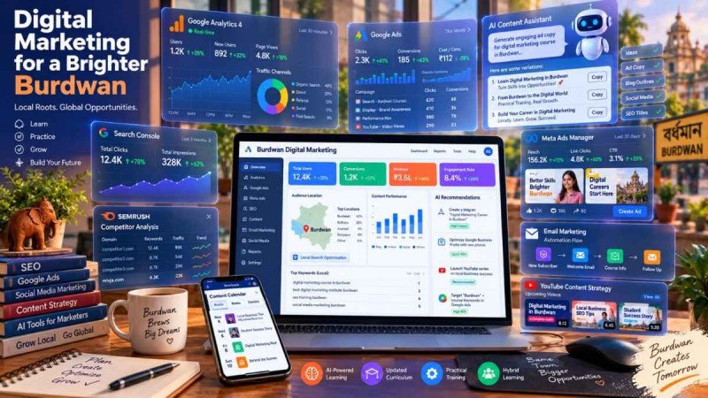 Digital marketing dashboard workspace showing laptop with Google Analytics 4, Google Ads, Meta Ads, SEO tools, AI content assistant, and social media management interface. Smartphone, marketing tools, and Bengali cultural elements visible. Practical digit