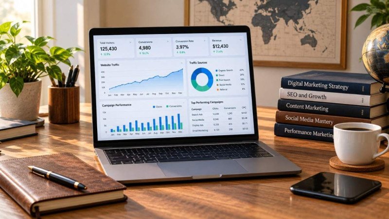 Professional digital marketing analytics dashboard on laptop with campaign performance charts and growth metrics