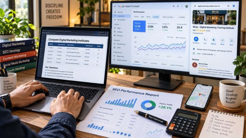Hands on laptop viewing Google Search Console and Google Business Profile for local business SEO