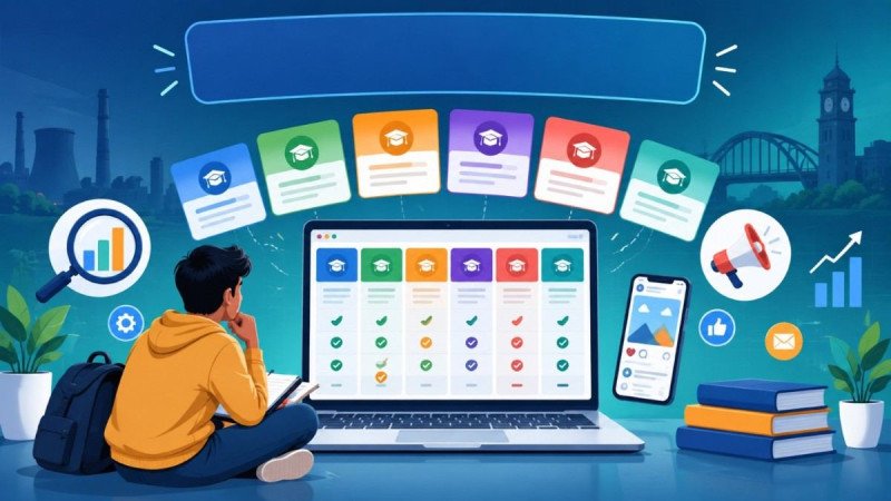 Illustration of a learner comparing six digital marketing courses on a laptop, surrounded by icons for SEO, social media, advertising, and analytics, with six course cards fanned out behind the screen.