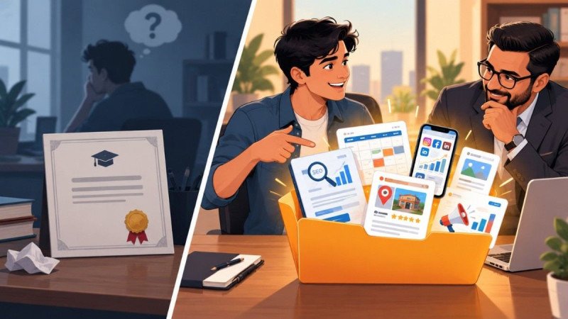 Split illustration showing a faded certificate on one side and a glowing portfolio with an SEO audit, content calendar, analytics dashboard, and ad campaign samples on the other, as an employer reviews the work.