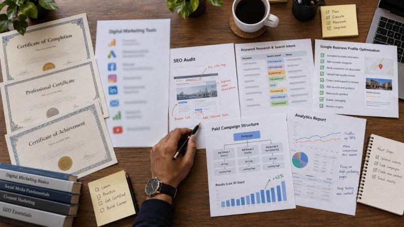 Top-down flat-lay of a wooden desk split into two halves: generic completion certificates and a blurred tool list on the left, and applied work samples — an SEO audit, keyword research sheet, Google Business Profile checklist, paid campaign structure, and