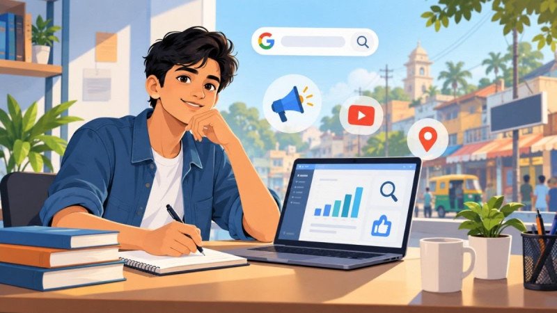 Indian student learning digital marketing on a laptop after Class 12 in Barasat, with SEO, ads and analytics icons around them