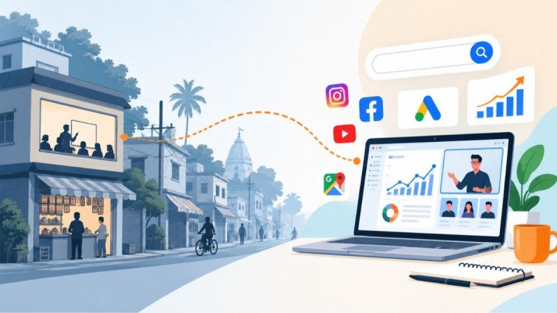 Digital marketing course in Midnapore shown as a small town connected by a dotted line to an online class dashboard, search bar and analytics graph on a laptop screen