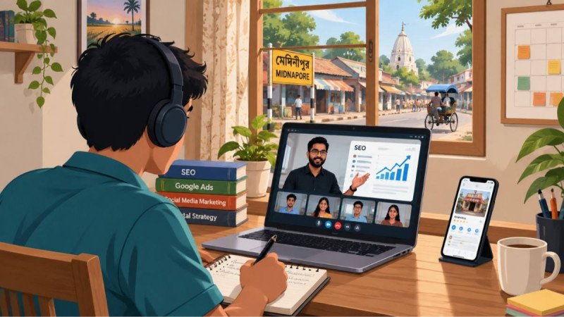 Student in Midnapore wearing headphones at a desk, attending a live online digital marketing class with a trainer explaining an SEO dashboard, keyword list and traffic graph on screen