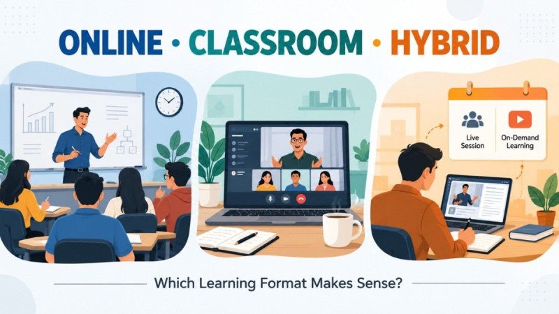 Side-by-side illustration of online, classroom and hybrid learning formats for a digital marketing course comparison.