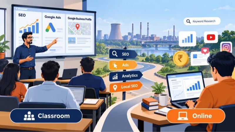 Illustration of a digital marketing classroom and online learner with SEO, Google Ads, analytics and local SEO icons, representing digital marketing course options in Durgapur.