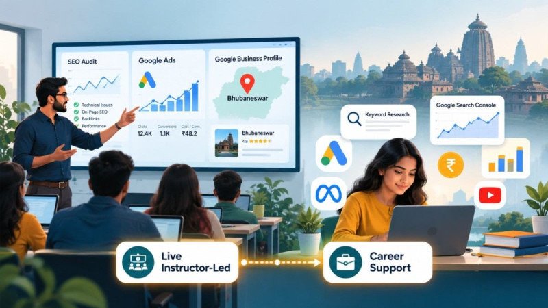 Illustration of a digital marketing classroom in Bhubaneswar with SEO, Google Ads, analytics and local SEO icons alongside a live online learner and career support pathway.