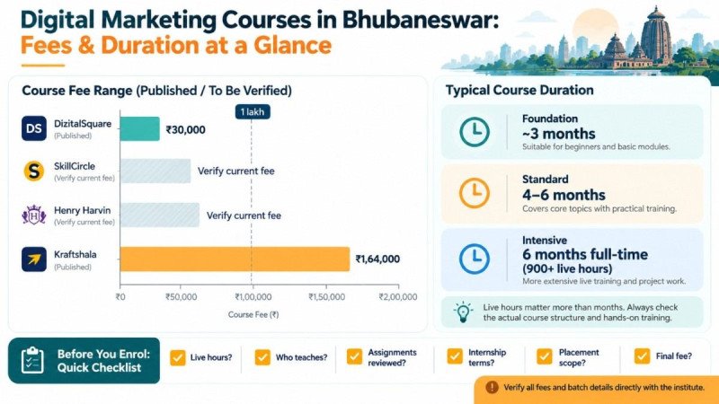 Infographic comparing digital marketing course fees and duration in Bhubaneswar, from around ₹30,000 for foundation courses to over ₹1 lakh for intensive programmes, with a checklist of questions to ask before enrolling.