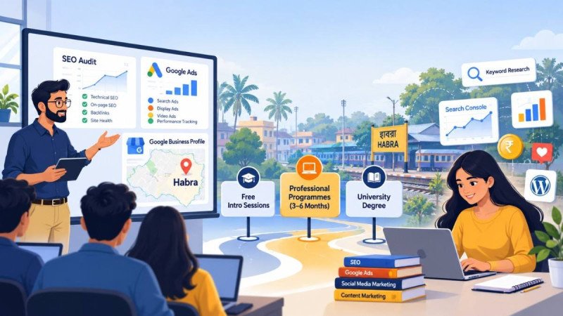 Illustration of digital marketing training routes in Habra — free intro sessions, professional programmes and a university degree — with SEO, Google Ads, analytics and local SEO icons.