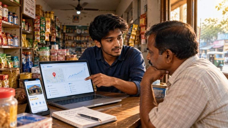 Digital marketing student in Malda explaining a Local SEO plan on a laptop to a local shop owner, with keyword notes and a Google Business Profile visible on the table.