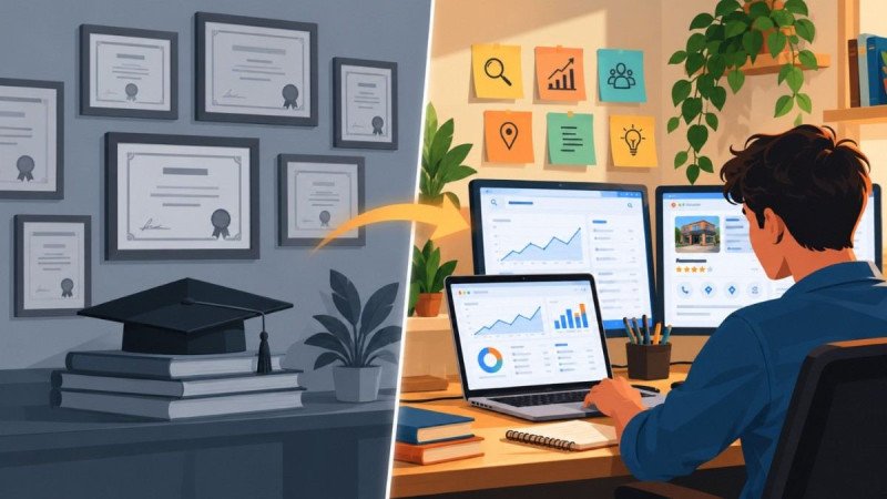Split-screen illustration comparing a wall of certificates with a digital marketer reviewing Google Analytics, Search Console, and a Google Business Profile, showing that practical skills matter more than certificates.