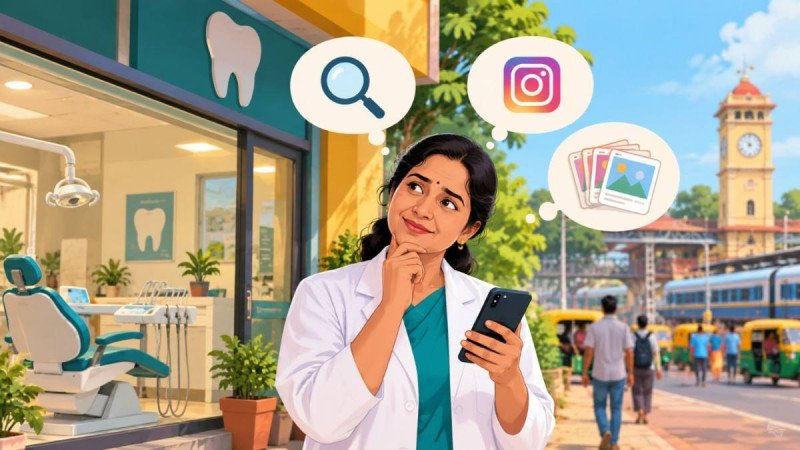 Indian woman dentist outside her clinic near Barasat station looking at her phone, surrounded by icons for SEO, Instagram and social media posts, unsure which digital marketing service she needs.