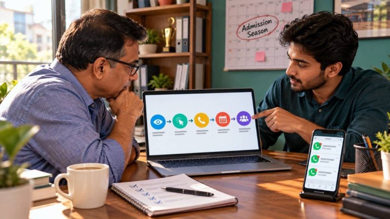 Business owner and digital marketing consultant in Barasat reviewing a laptop showing a funnel from clicks and calls to booked appointments and customers, with WhatsApp enquiries on a phone nearby.
