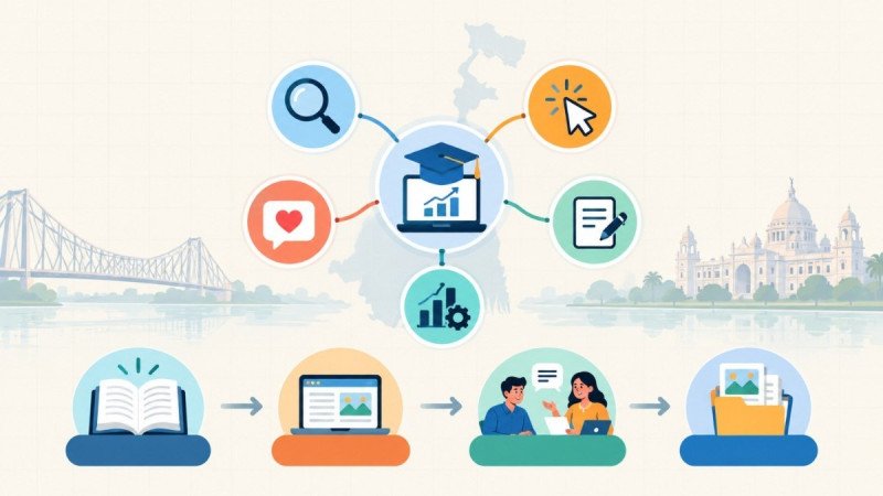 Infographic showing the five core areas of a digital marketing course — SEO, Google Ads, social media, content marketing and analytics — connected to a practical learning cycle of learn, practise, feedback and portfolio building.