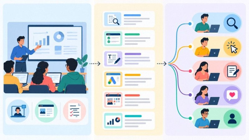 Infographic showing a digital marketing learner's journey from live classroom practice to building a portfolio of keyword research, audits, blog posts, ad campaigns and analytics reports, leading to career paths like SEO, PPC, content marketing and freela