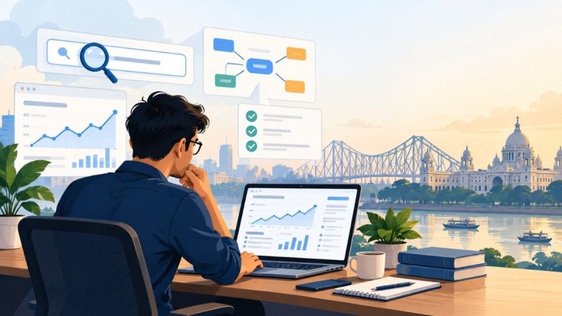Learner analyzing SEO performance data on a laptop with the Kolkata skyline in the background