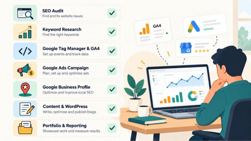 Checklist of practical digital marketing skills a course should teach, including SEO audits, GA4 tracking, Google Ads and portfolio work