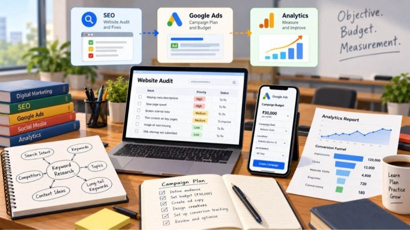 Digital marketing learner's desk showing a website audit, keyword research notes, a Google Ads budget plan and an analytics report, linked as connected assignments from SEO to Google Ads to analytics.