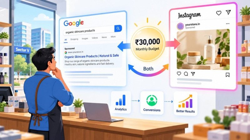 Shop owner in Sector V deciding how to split a ₹30,000 monthly budget between Google Search ads and Instagram ads, with a dashboard comparing both channels and tracking conversions.