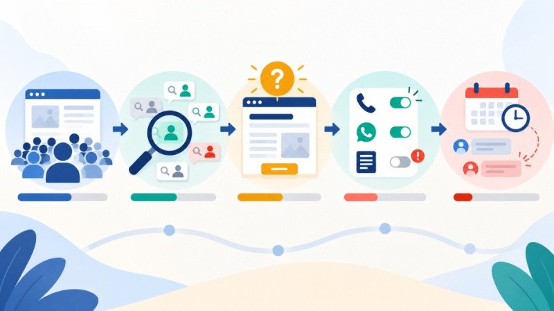 Five-stage diagnostic flow diagram showing traffic, relevance, page fit, tracking and follow-up where website enquiries get lost