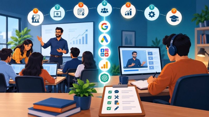 Comparison of digital marketing training providers showing differences in course format, duration, and practical training.