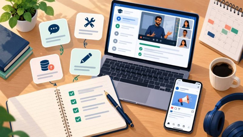 Checklist of things to verify before paying for a digital marketing course, including feedback, tools, ad budgets, and writing practice.