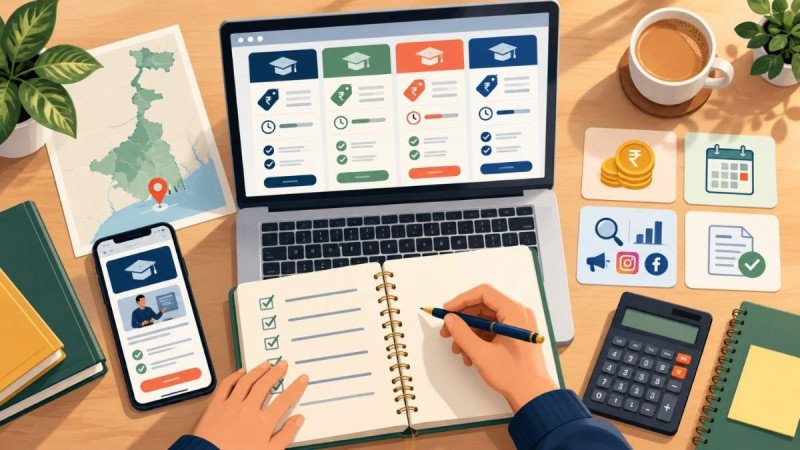 Beginner checking a digital marketing course checklist covering published fee, six-month duration, curriculum breadth, and regular assignments.