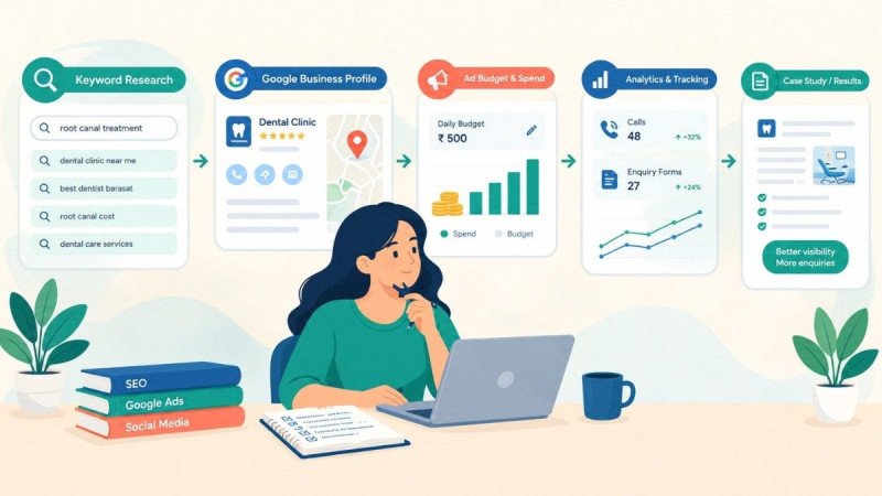 Illustration of a learner building a portfolio project for a dental clinic, connecting keyword research, a Google Business Profile, ad budget planning and enquiry tracking into one documented case study.