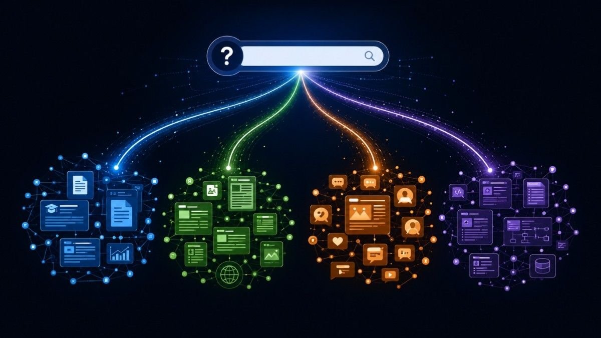 Abstract illustration of AI search fragmentation: multiple branching pathways from a search bar leading to different glowing data clusters in distinct colors.
