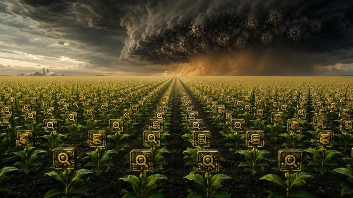 Conceptual illustration of algorithmic monoculture in AI search: a uniform field of identical search systems vulnerable to a single point of failure.