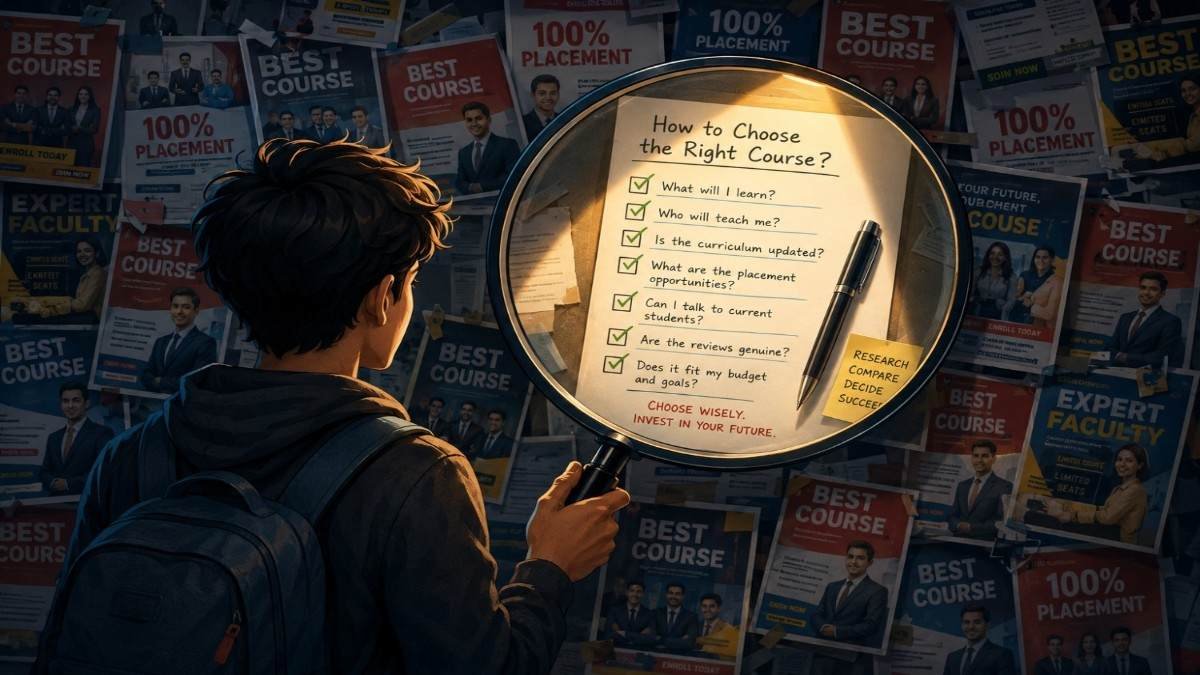 Student with magnifying glass over cluttered wall of identical institute brochures, revealing one honest document. Symbolizes looking beyond marketing hype when choosing the right training institute.