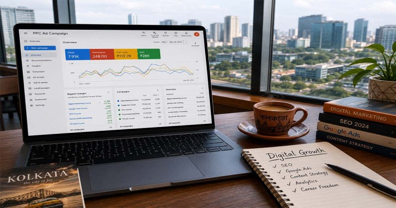 Laptop displaying digital marketing analytics and PPC ad dashboard on a desk with chai cup in a Kolkata co-working space, overlooking New Town skyline