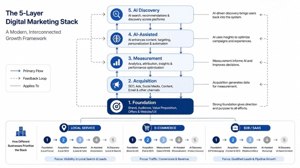 Flowchart diagram showing how the 5-layer digital marketing stack works together, with dependencies between Foundation, Acquisition, Measurement, AI-Assisted Marketing, and AI Discovery, plus priority paths for Local Service, E-commerce, and B2B SaaS busi