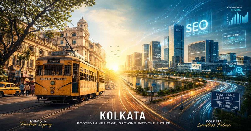 Split image showing Kolkata's transition from vintage yellow trams and colonial buildings to a modern digital IT hub in Salt Lake Sector V with data graphs and SEO growth metrics