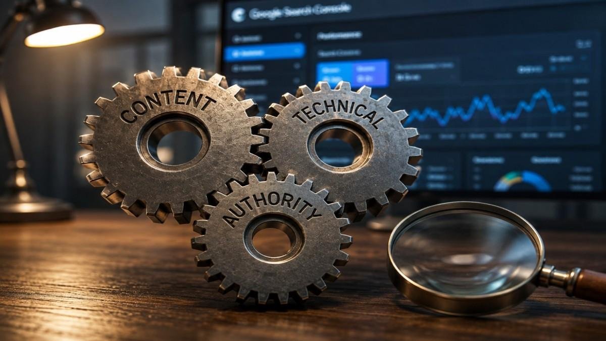 Three interlocking metal gears labeled "Content," "Technical," and "Authority" resting on a wooden desk with a magnifying glass beside them, symbolizing how SEO pillars must work together for success.