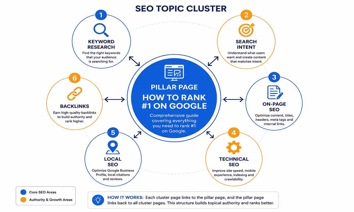 Topic cluster SEO diagram showing a central pillar page connected to cluster content articles, illustrating how interlinked content builds topical authority to rank #1 on Google