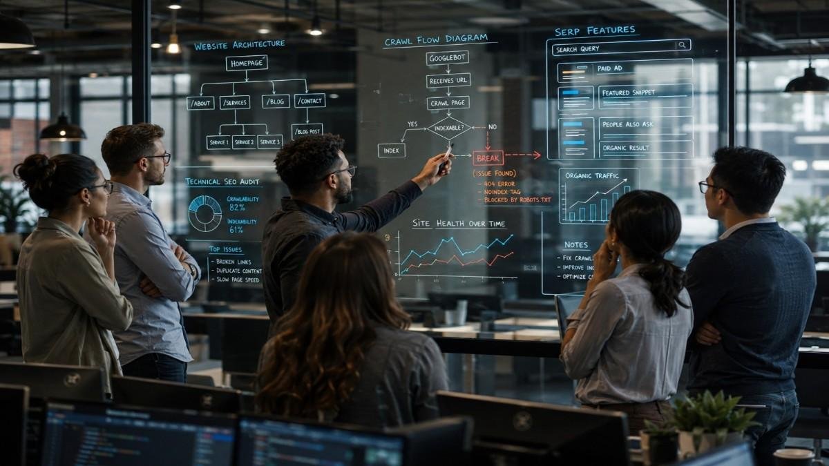 A diverse team of SEO professionals huddled around a glass whiteboard, analyzing interconnected flowcharts, website sitemaps, and data analytics graphs to diagnose a technical search issue.